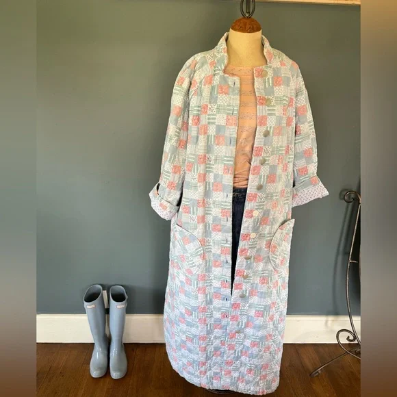 Vintage handmade patchwork Quilted duster Maxi swing coat Jacket sz S-L - Picture 6 of 16